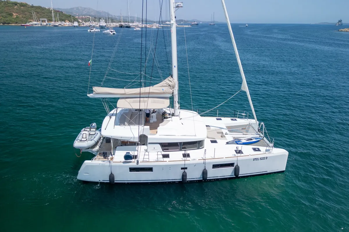 Exterior view of Big Daddy, a Lagoon 52F catamaran at Olbia, Italy