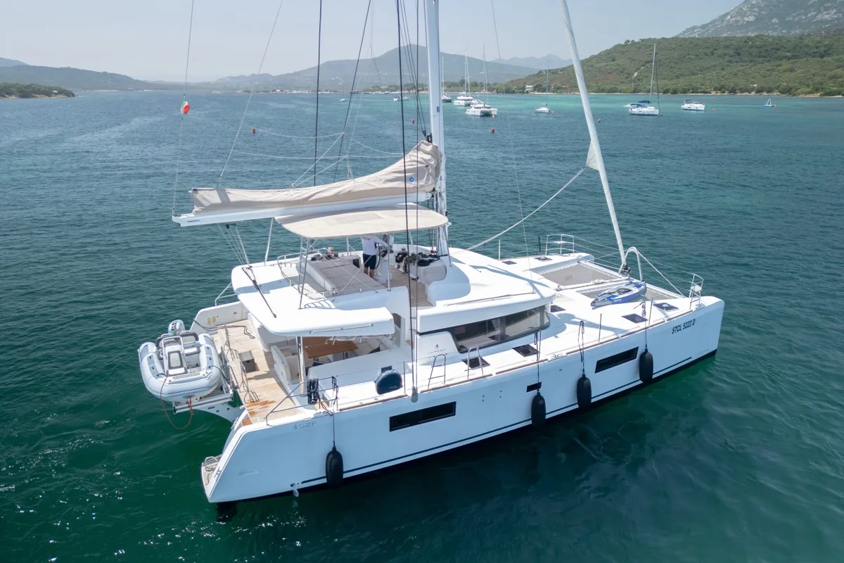 Exterior view of Big Daddy, a Lagoon 52F catamaran at Olbia, Italy