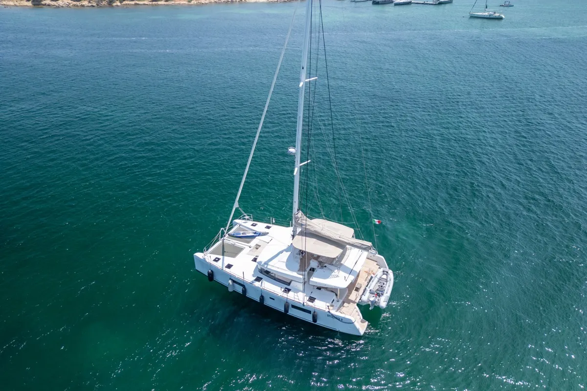 Exterior view of Big Daddy, a Lagoon 52F catamaran at Olbia, Italy