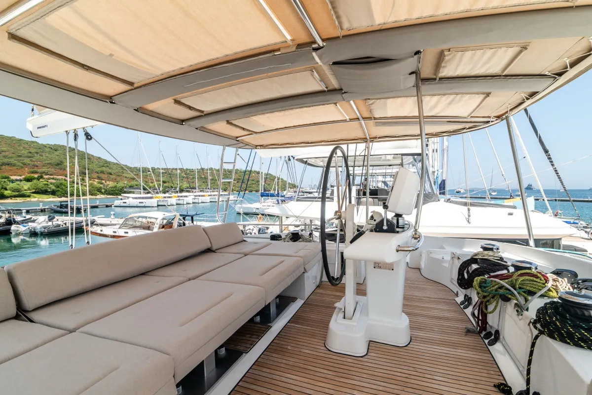 Cockpit of Big Daddy, a Lagoon 52F catamaran at Olbia, Italy