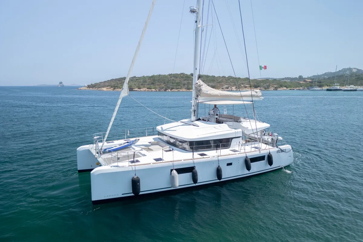 Exterior view of Big Daddy, a Lagoon 52F catamaran at Olbia, Italy