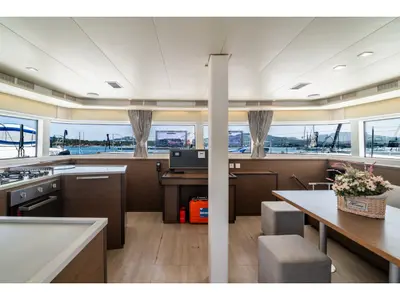 Salon of Big Daddy, a Lagoon 52F catamaran at Olbia, Italy