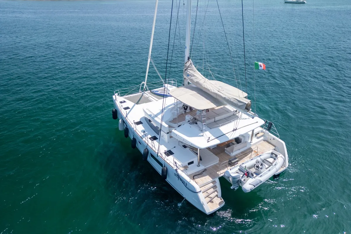Exterior view of Big Daddy, a Lagoon 52F catamaran at Olbia, Italy