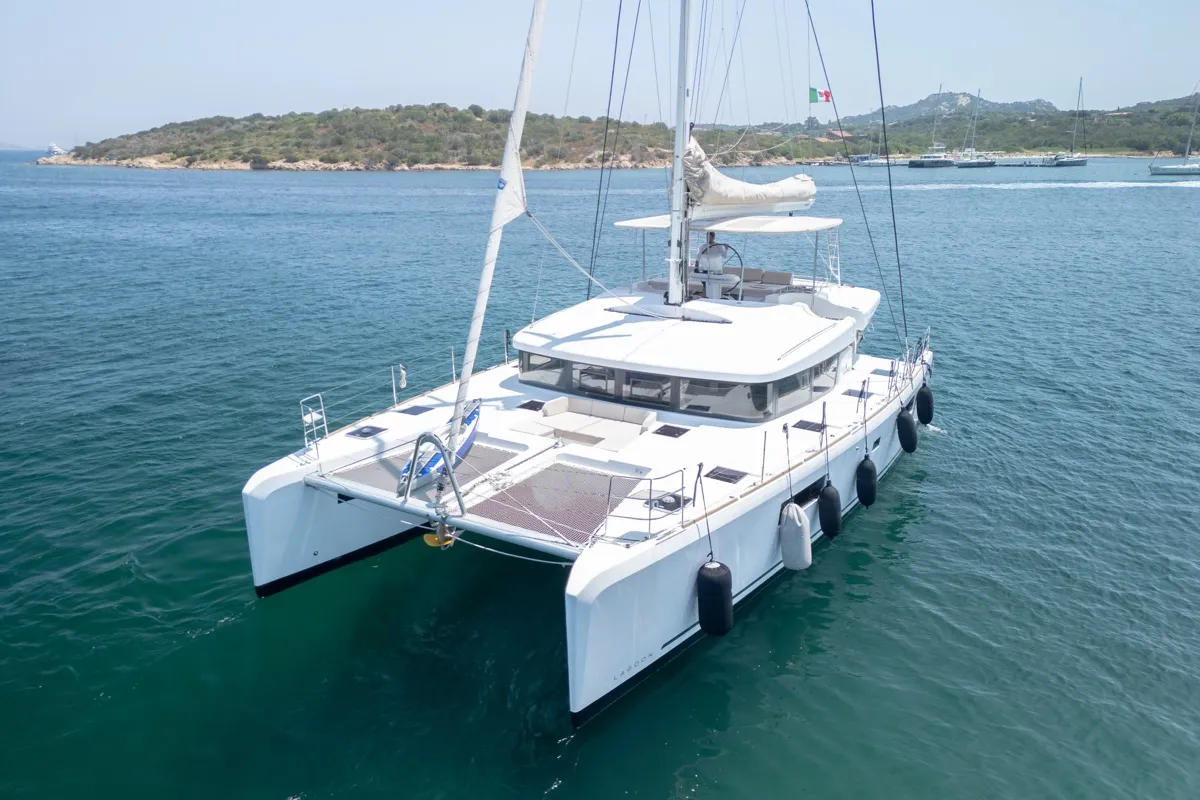 Exterior view of Big Daddy, a Lagoon 52F catamaran at Olbia, Italy