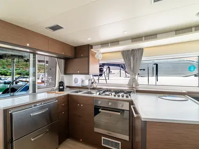 Galley of Big Daddy, a Lagoon 52F catamaran at Olbia, Italy