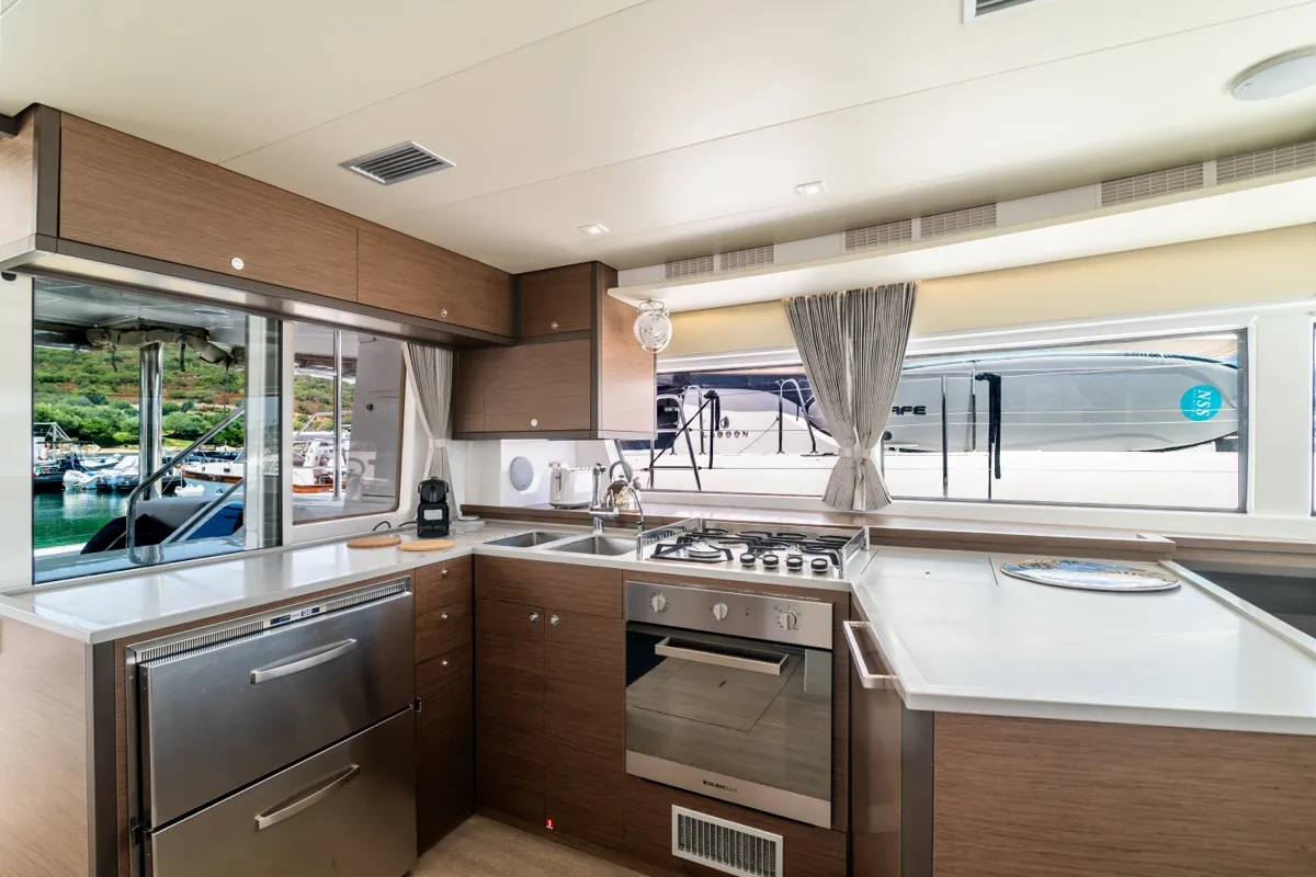 Galley of Big Daddy, a Lagoon 52F catamaran at Olbia, Italy
