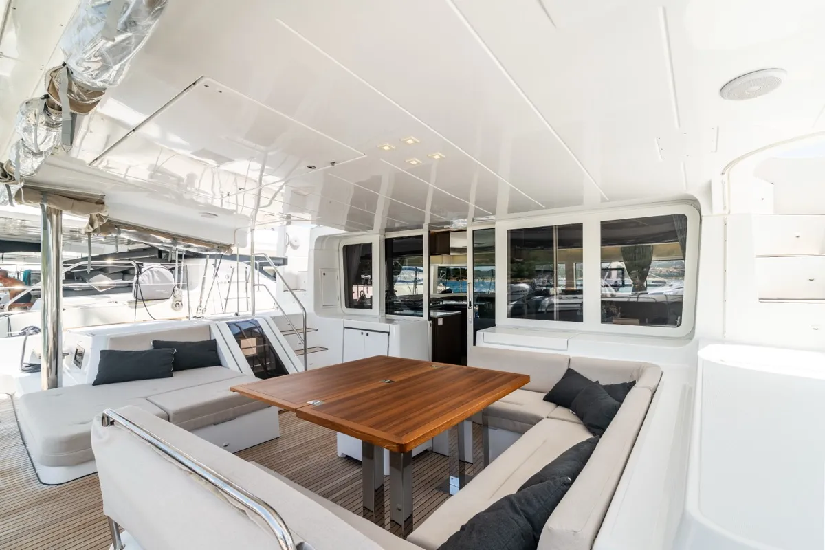 Deck of Big Daddy, a Lagoon 52F catamaran at Olbia, Italy
