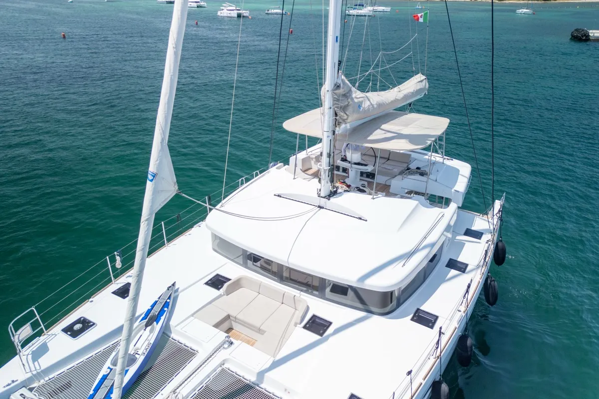Exterior view of Big Daddy, a Lagoon 52F catamaran at Olbia, Italy