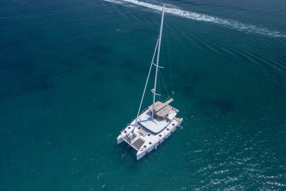 Exterior view of Big Daddy, a Lagoon 52F catamaran at Olbia, Italy