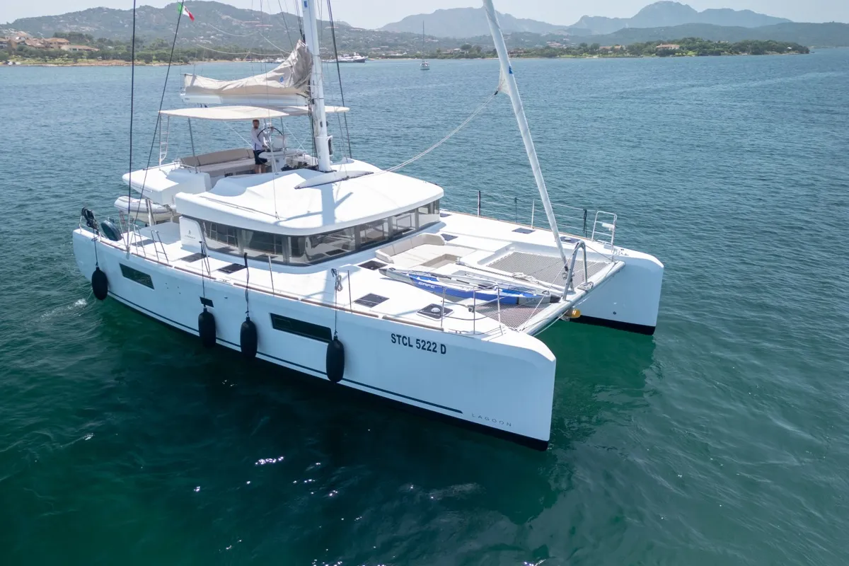 Exterior view of Big Daddy, a Lagoon 52F catamaran at Olbia, Italy