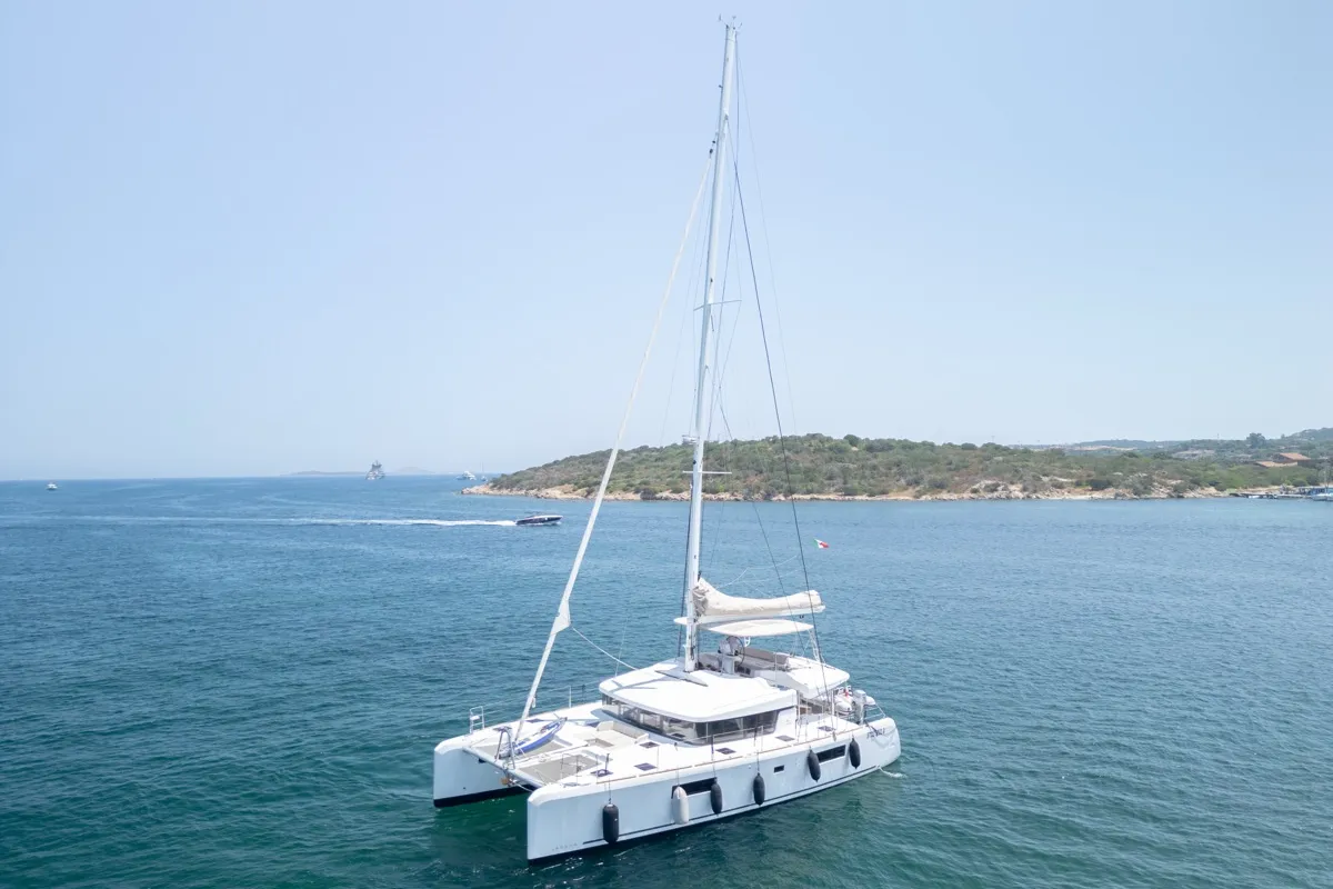 Exterior view of Big Daddy, a Lagoon 52F catamaran at Olbia, Italy