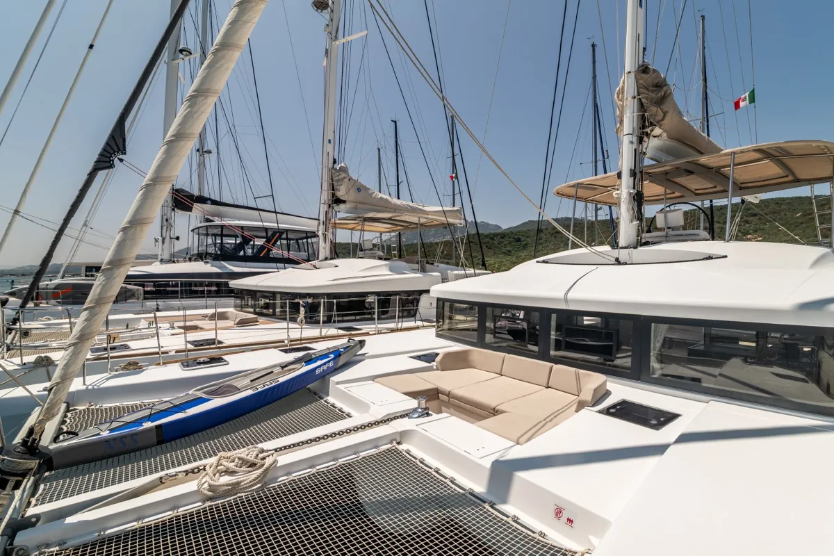 Deck of Big Daddy, a Lagoon 52F catamaran at Olbia, Italy
