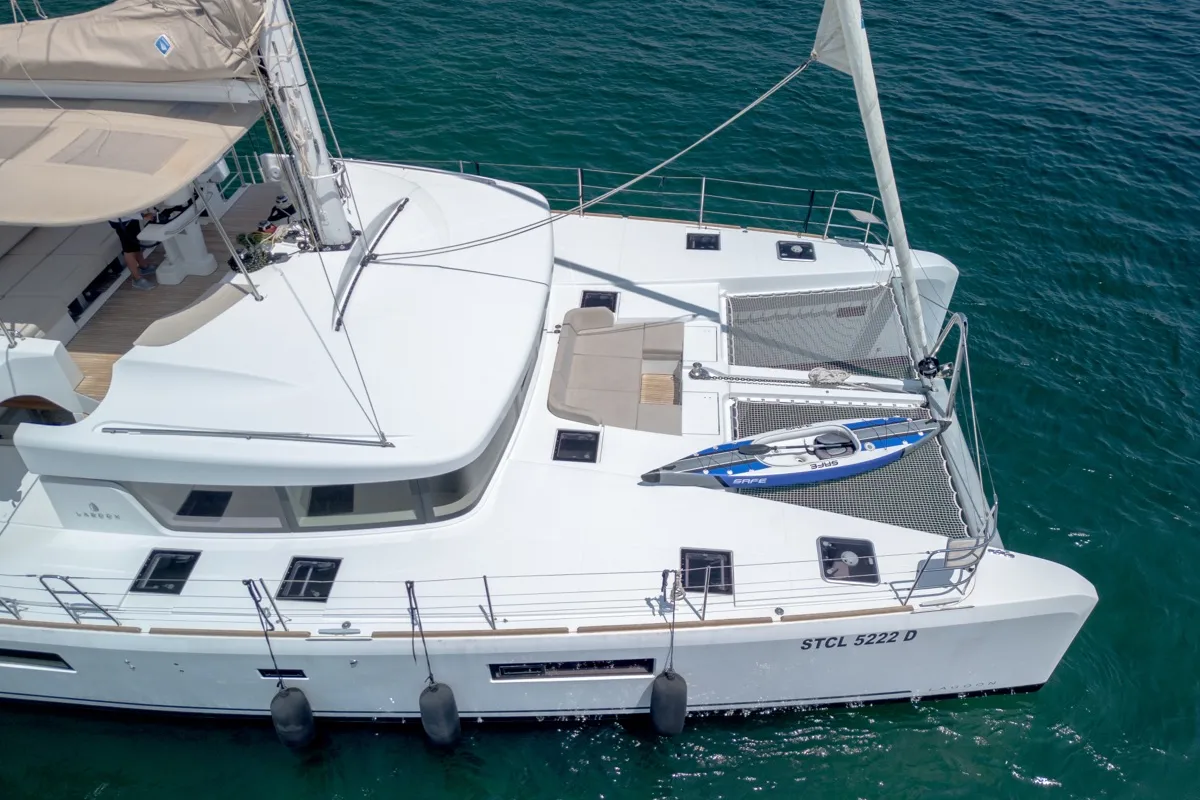 Exterior view of Big Daddy, a Lagoon 52F catamaran at Olbia, Italy