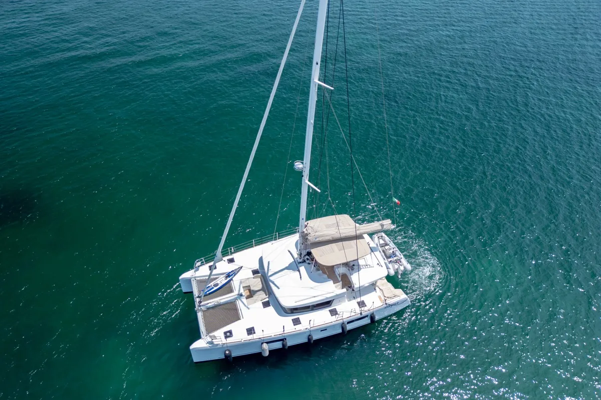 Exterior view of Big Daddy, a Lagoon 52F catamaran at Olbia, Italy