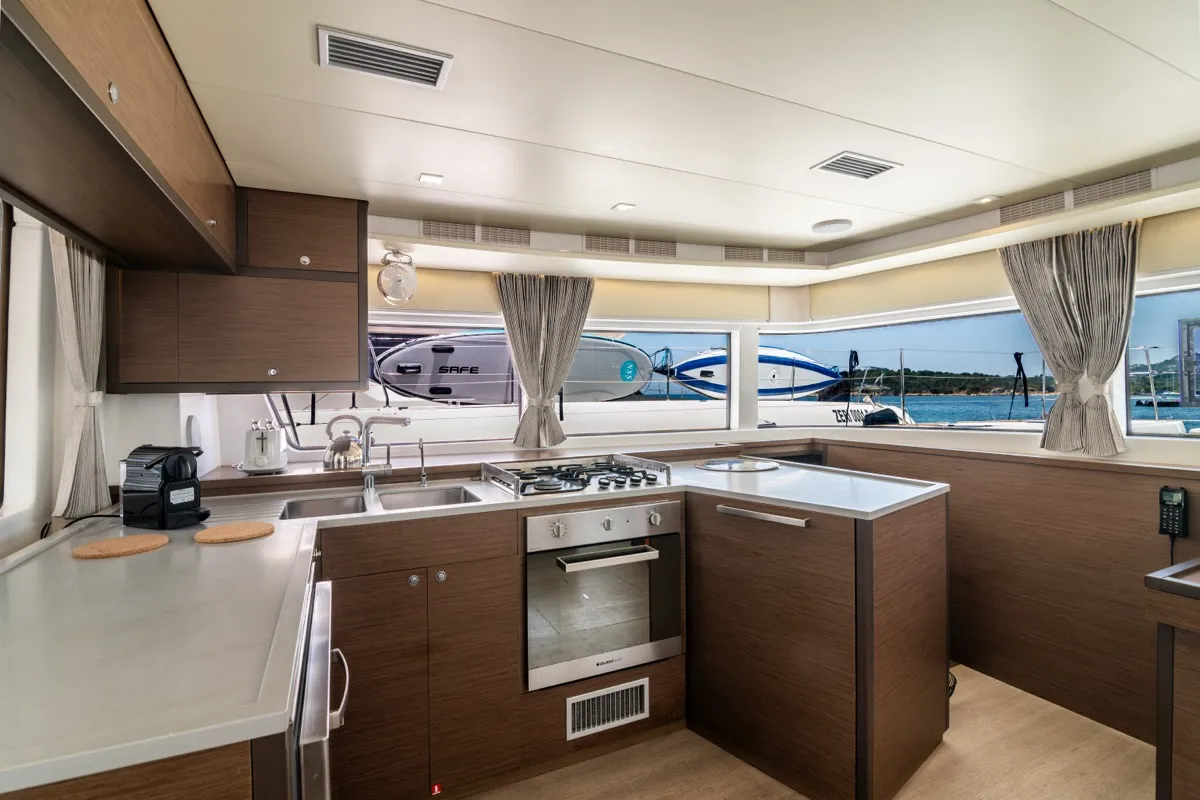 Galley of Big Daddy, a Lagoon 52F catamaran at Olbia, Italy