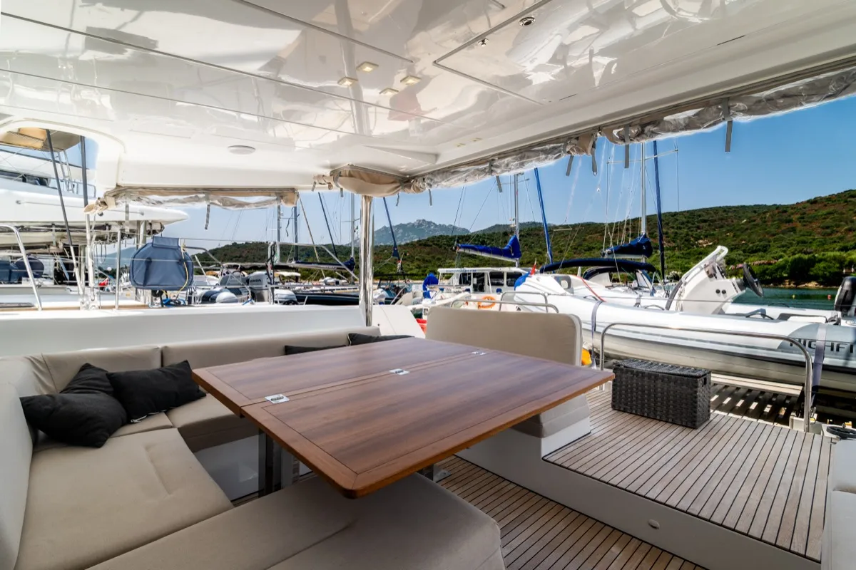 Deck of Big Daddy, a Lagoon 52F catamaran at Olbia, Italy
