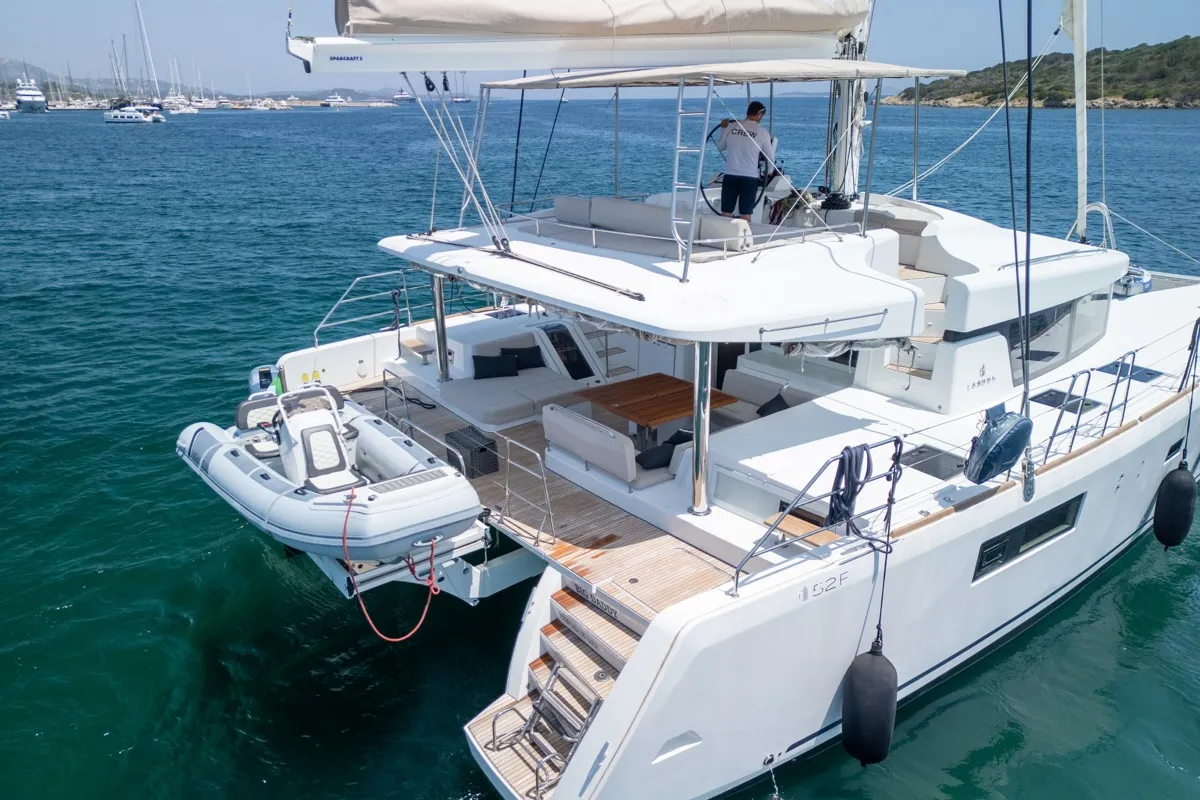 Exterior view of Big Daddy, a Lagoon 52F catamaran at Olbia, Italy