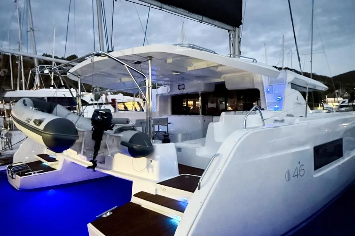 Exterior view of No Limit I, a Lagoon 46 catamaran at Primošten, Croatia