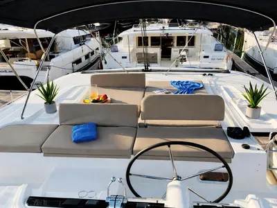 Cockpit of No Limit I, a Lagoon 46 catamaran at Primošten, Croatia