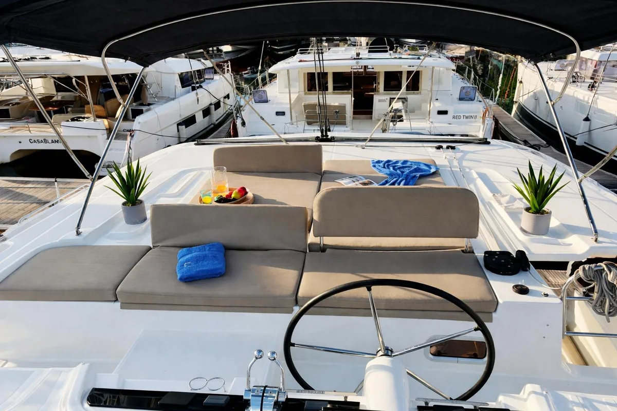 Cockpit of No Limit I, a Lagoon 46 catamaran at Primošten, Croatia