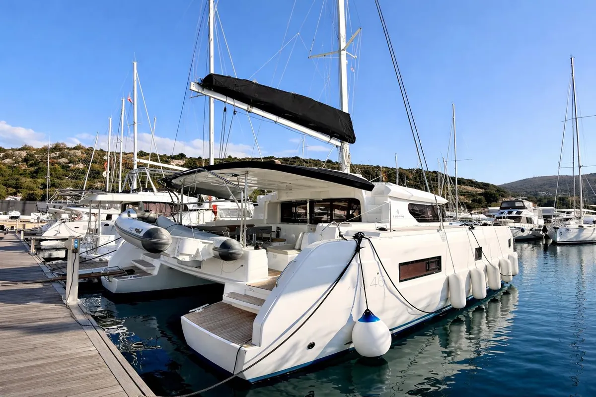 Exterior view of No Limit I, a Lagoon 46 catamaran at Primošten, Croatia