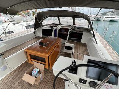 Cockpit of Valle d'Aosta, a Dufour 520 Grand Large sailboat at Piombino, Italy