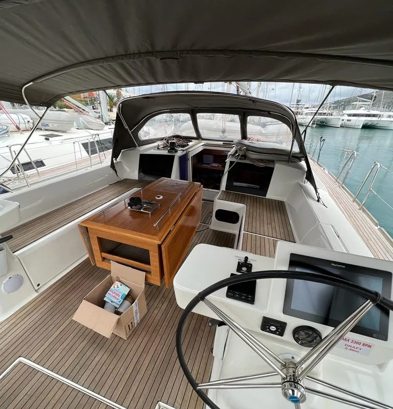 Cockpit of Valle d'Aosta, a Dufour 520 Grand Large sailboat at Piombino, Italy