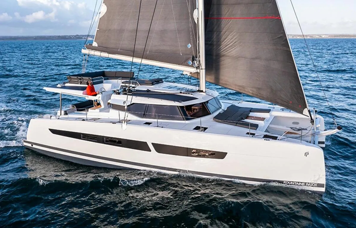 What's left, a Fountaine Pajot Aura 51 catamaran at Road Town, British Virgin Islands