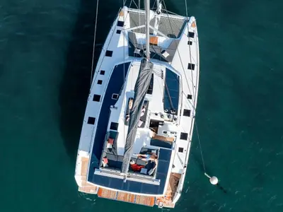 What's left, a Fountaine Pajot Aura 51 catamaran at Road Town, British Virgin Islands