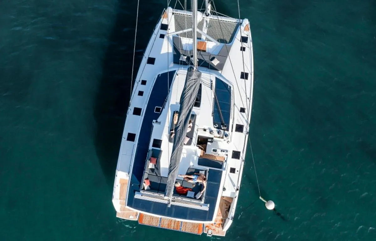 What's left, a Fountaine Pajot Aura 51 catamaran at Road Town, British Virgin Islands
