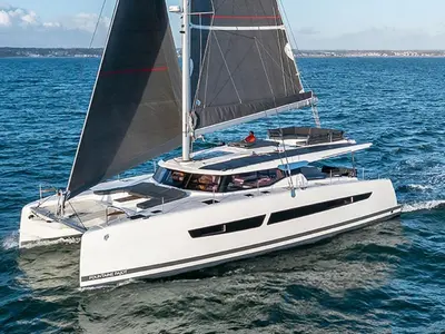 What's left, a Fountaine Pajot Aura 51 catamaran at Road Town, British Virgin Islands