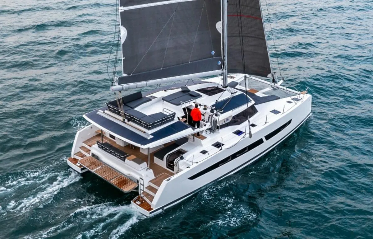 What's left, a Fountaine Pajot Aura 51 catamaran at Road Town, British Virgin Islands