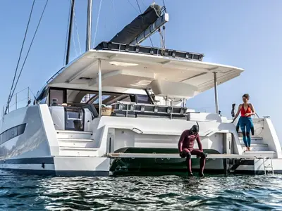 Cockpit of What's left, a Fountaine Pajot Aura 51 catamaran at Road Town, British Virgin Islands