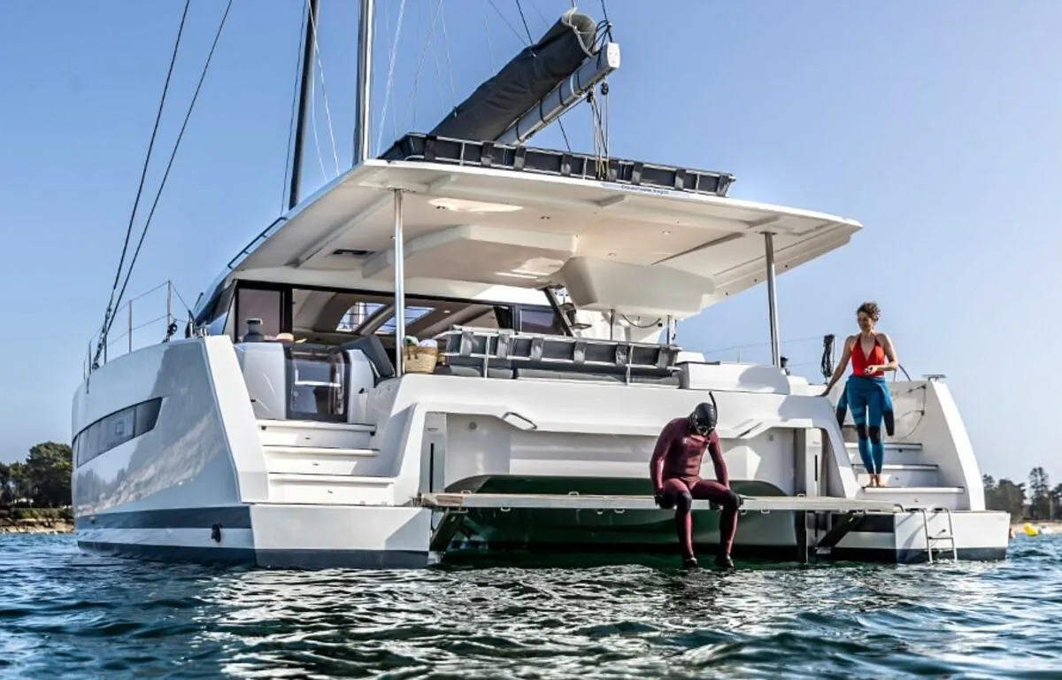 What's left, a Fountaine Pajot Aura 51 catamaran at Road Town, British Virgin Islands