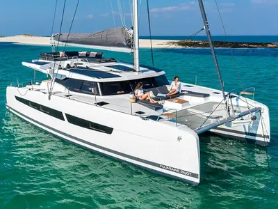 What's left, a Fountaine Pajot Aura 51 catamaran at Road Town, British Virgin Islands
