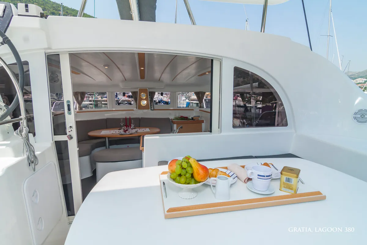Deck of Gratia, a Lagoon 380 catamaran at Dubrovnik, Croatia