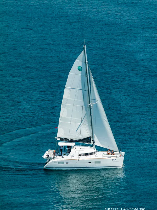 Exterior view of Gratia, a Lagoon 380 catamaran at Dubrovnik, Croatia