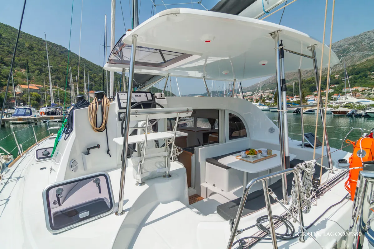 Deck of Gratia, a Lagoon 380 catamaran at Dubrovnik, Croatia