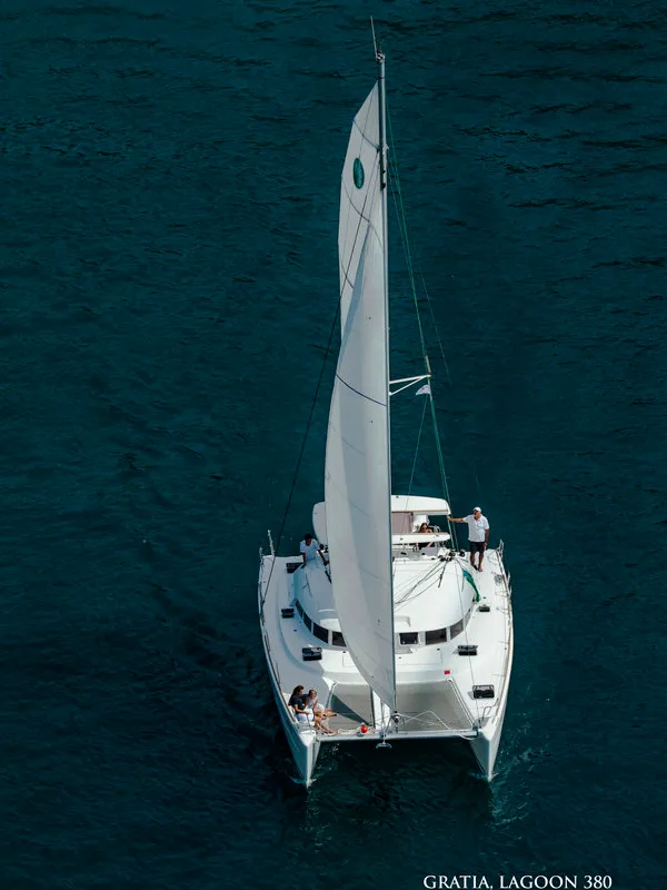Exterior view of Gratia, a Lagoon 380 catamaran at Dubrovnik, Croatia