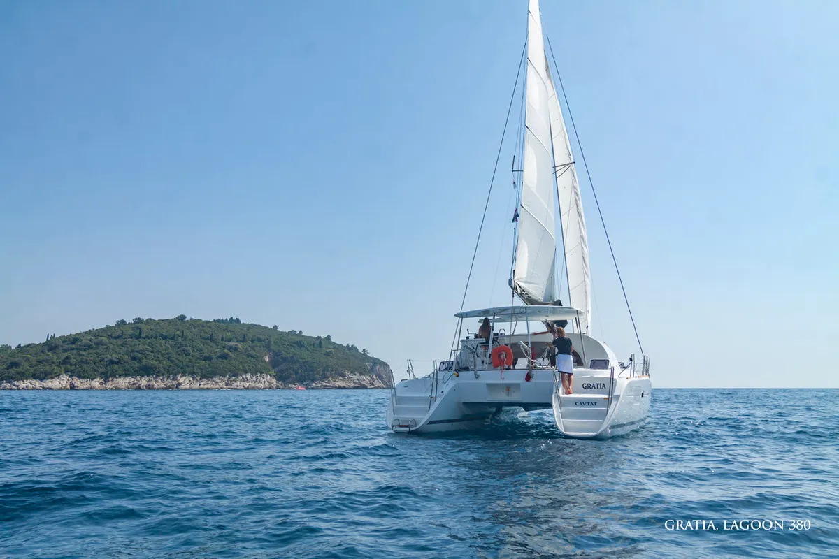 Exterior view of Gratia, a Lagoon 380 catamaran at Dubrovnik, Croatia