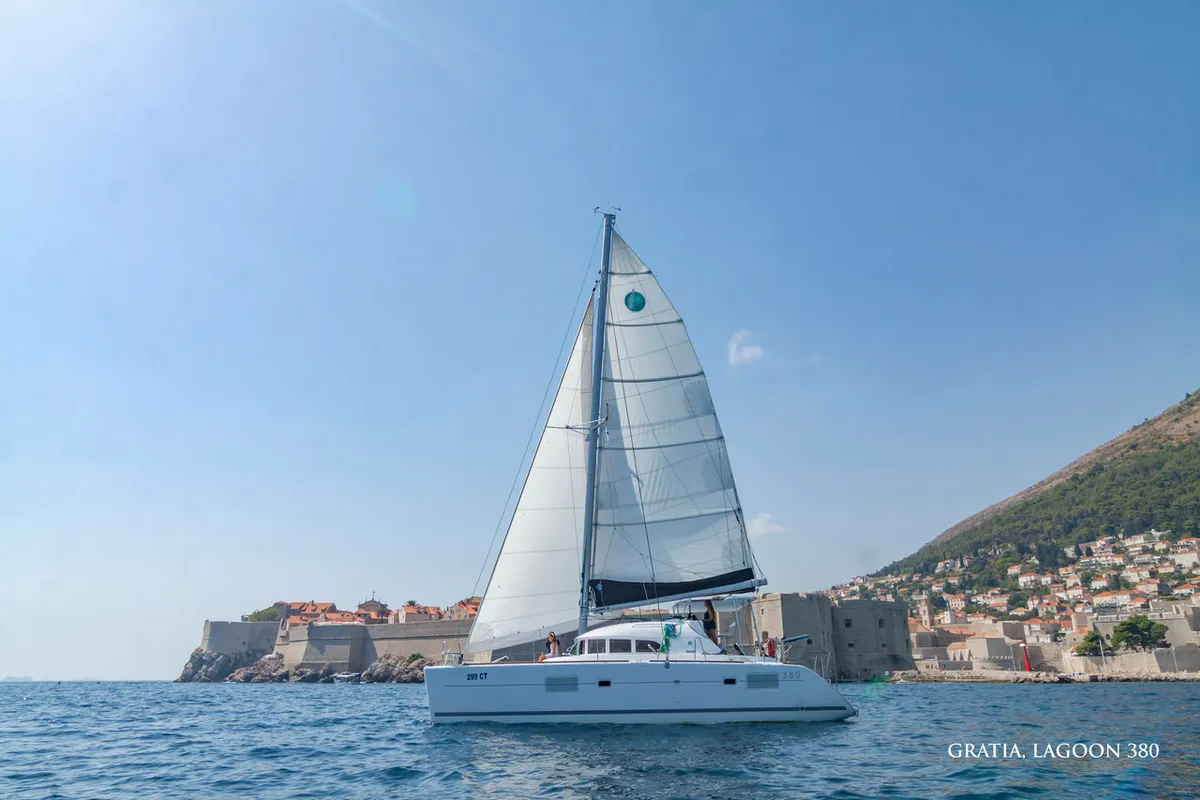 Exterior view of Gratia, a Lagoon 380 catamaran at Dubrovnik, Croatia