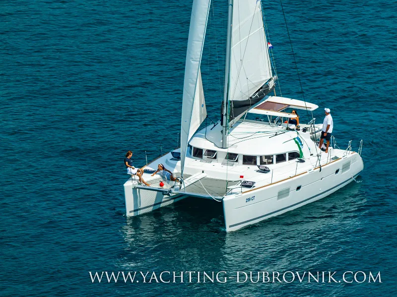 Exterior view of Gratia, a Lagoon 380 catamaran at Dubrovnik, Croatia