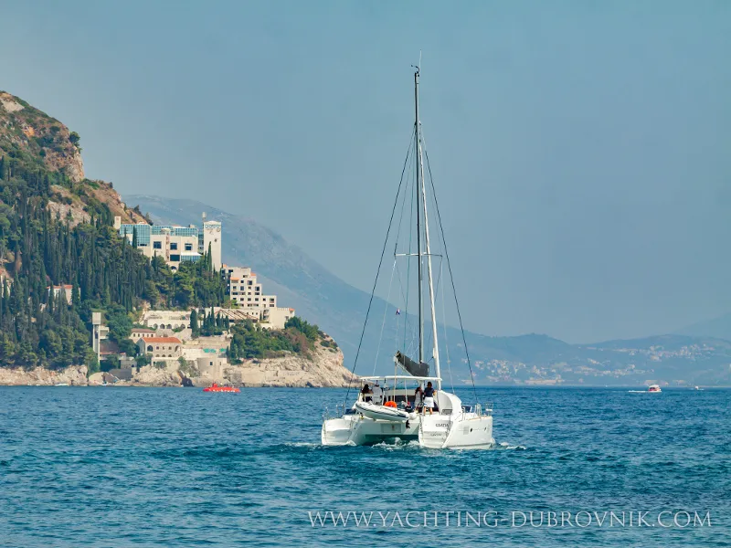 Exterior view of Gratia, a Lagoon 380 catamaran at Dubrovnik, Croatia