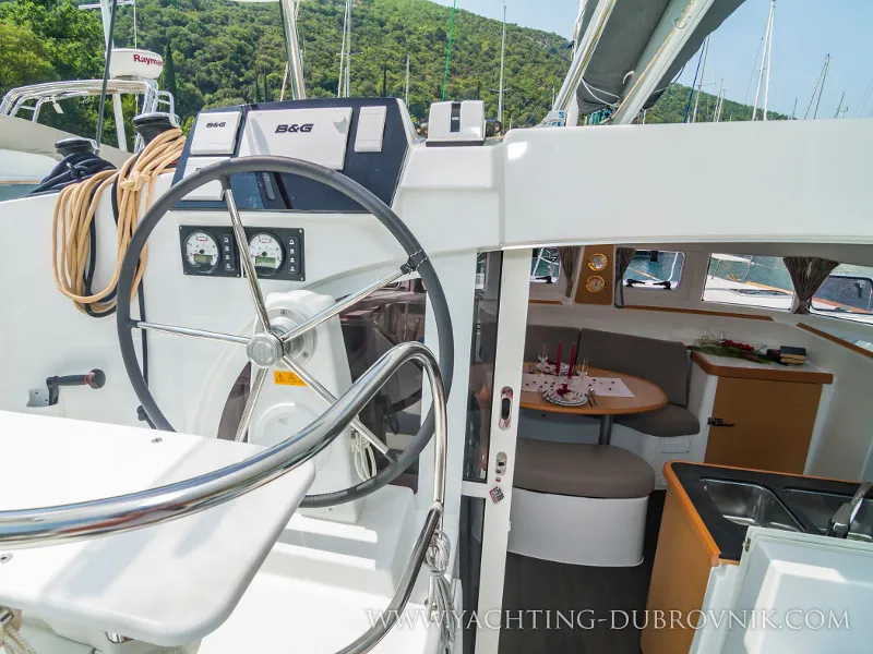 Cockpit of Gratia, a Lagoon 380 catamaran at Dubrovnik, Croatia