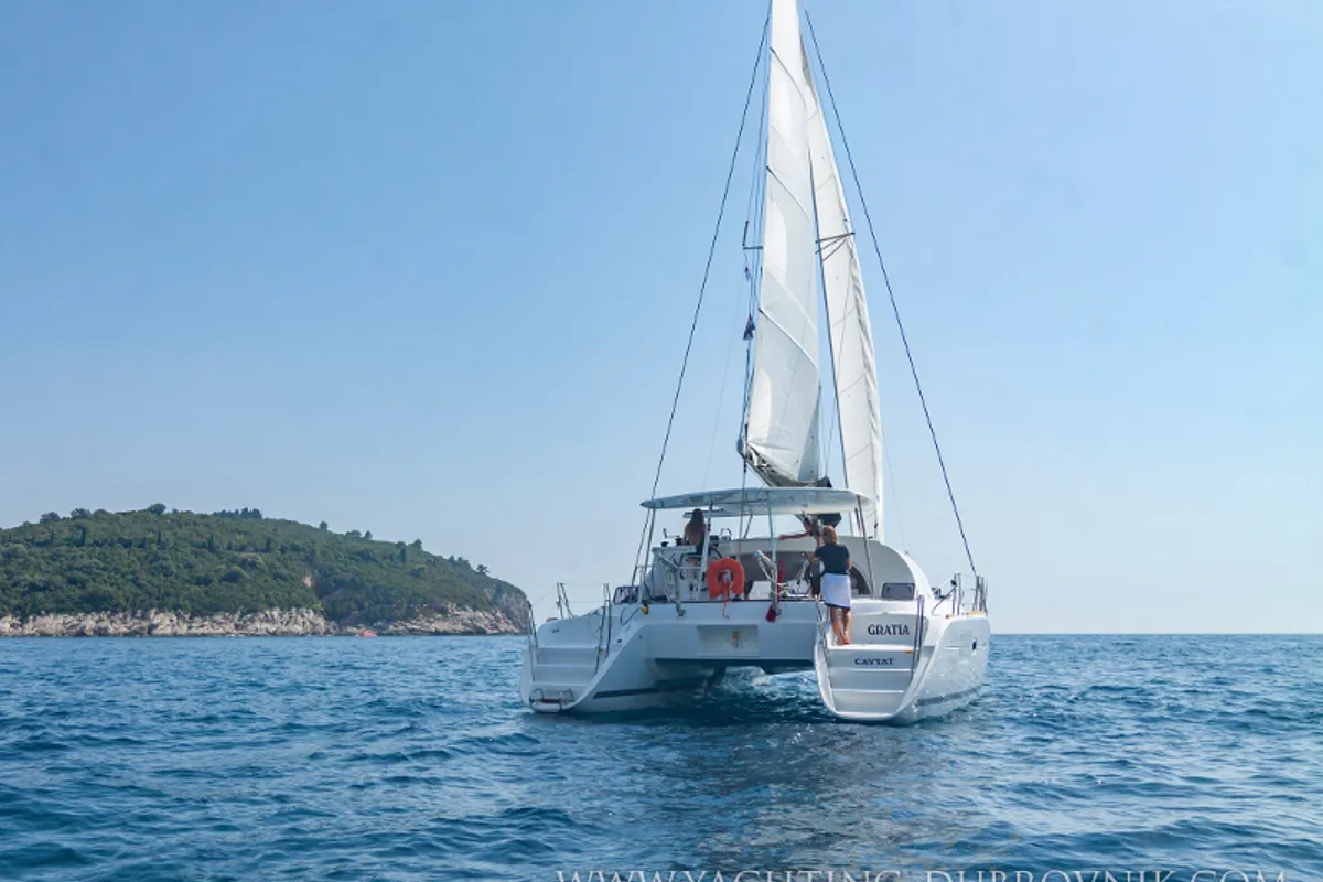 Exterior view of Gratia, a Lagoon 380 catamaran at Dubrovnik, Croatia