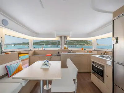 Galley of Tandem, a Lagoon 38 catamaran at Pianottoli-Caldarello, France