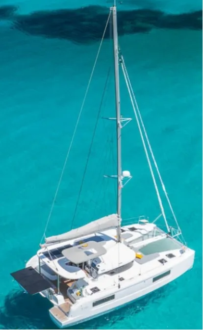 Exterior view of Tandem, a Lagoon 38 catamaran at Pianottoli-Caldarello, France