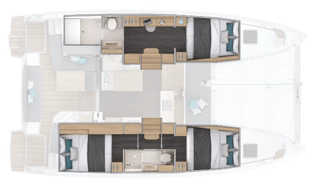 Floor plan of Tandem, a Lagoon 38 catamaran at Pianottoli-Caldarello, France