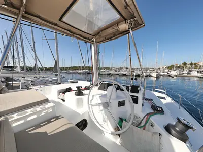 Cockpit of Sea Office, a Bali Catspace catamaran at Grad Trogir, Croatia