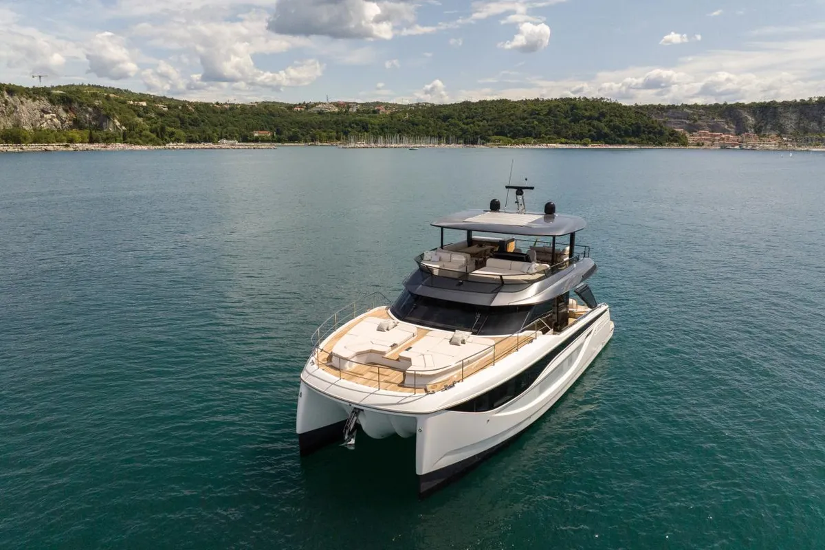 Premium +, a Prestige M7 catamaran at Bacoli, Italy